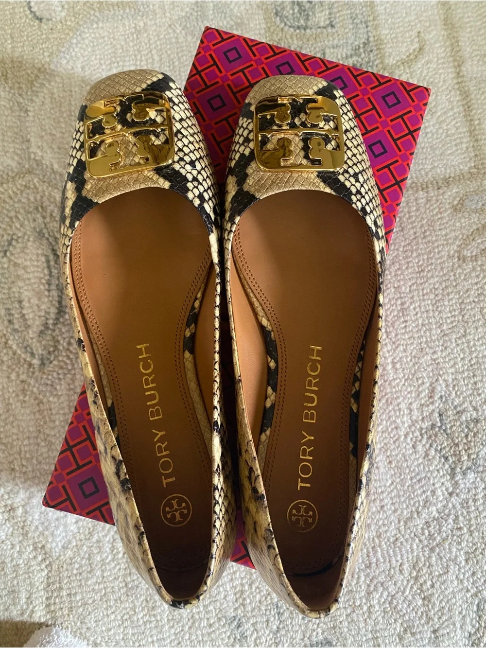 TORY BURCH Georgia Logo Snake Printed Leather Ballet Flats Women’s Size 9